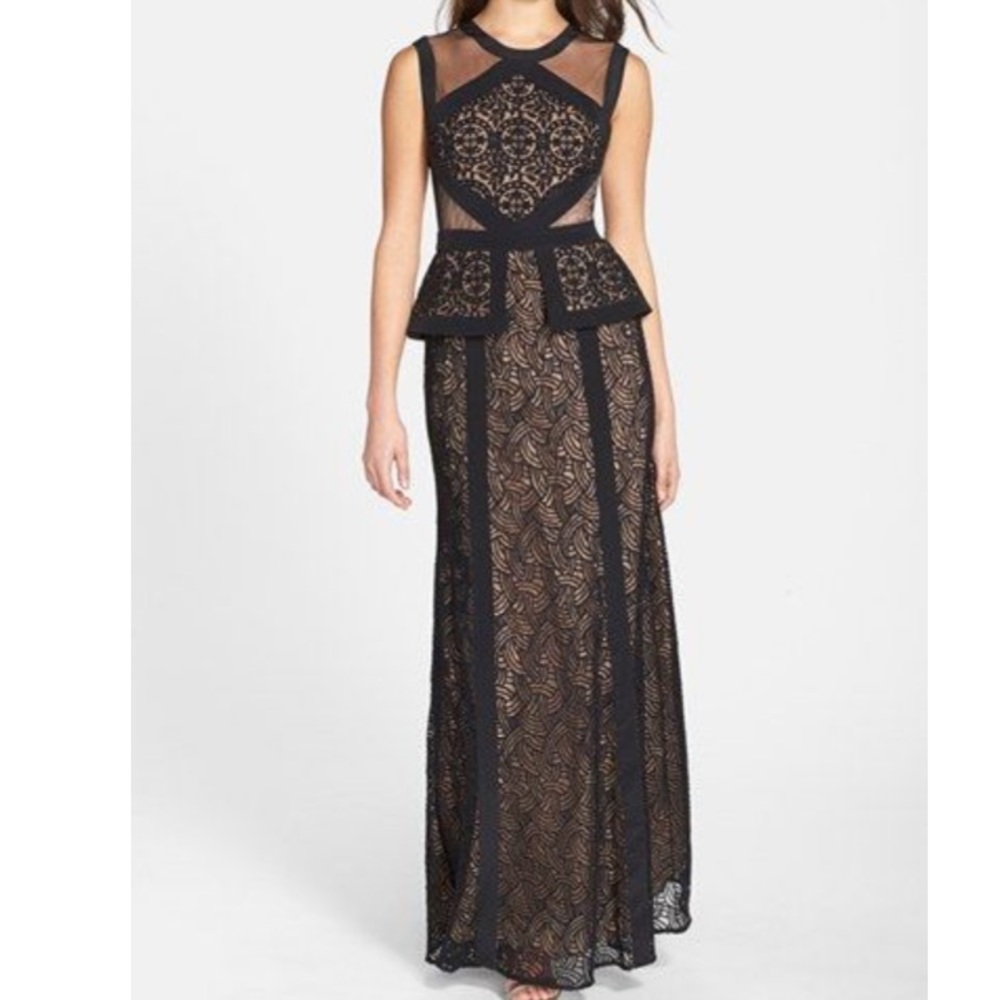 BCBG Vivana Embroidered Mesh Peplum Gown
